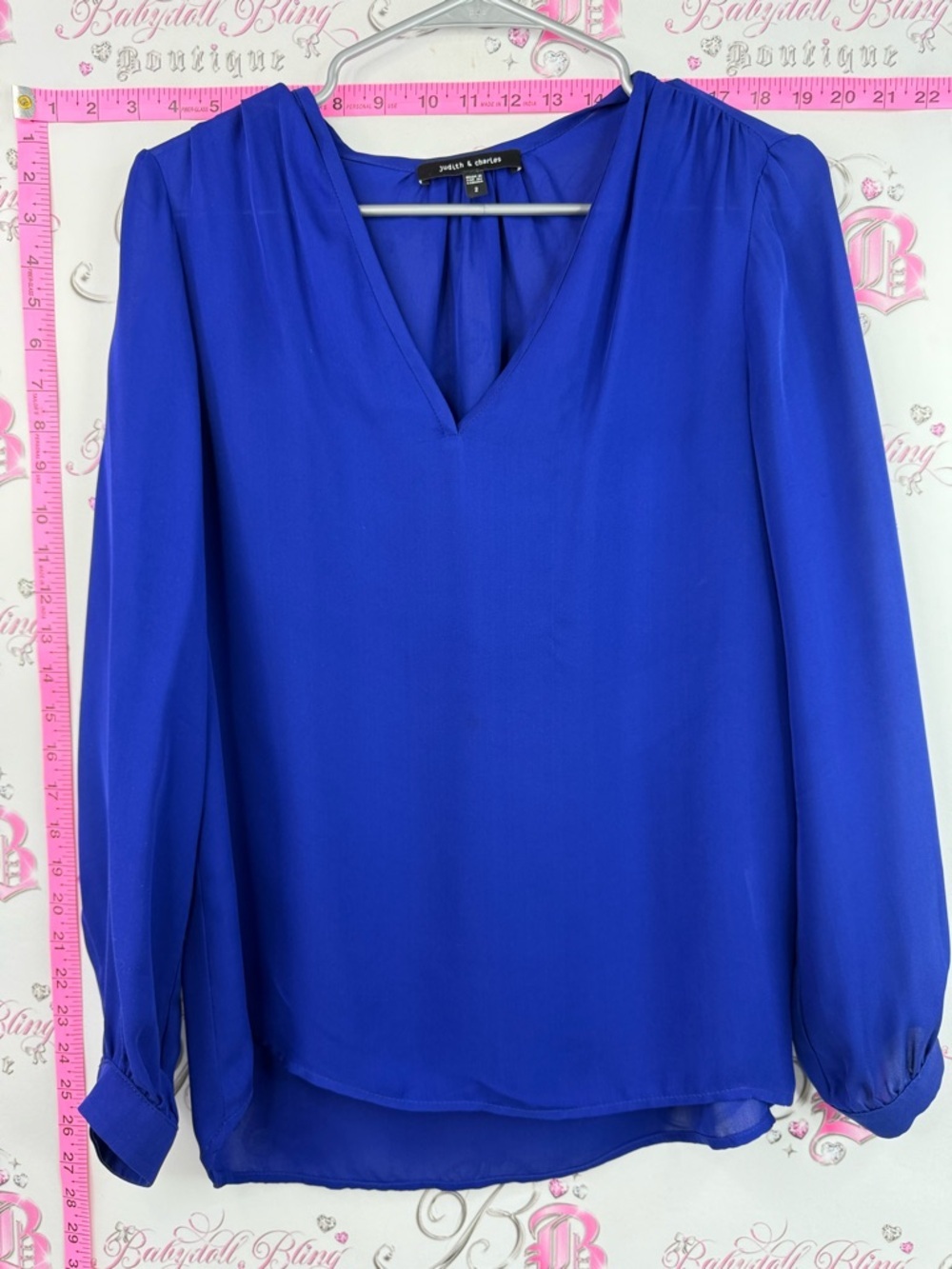 Judith and Charles silk blouse, deep Royal Blue V-Neck Long Sleeve Blouse shirt